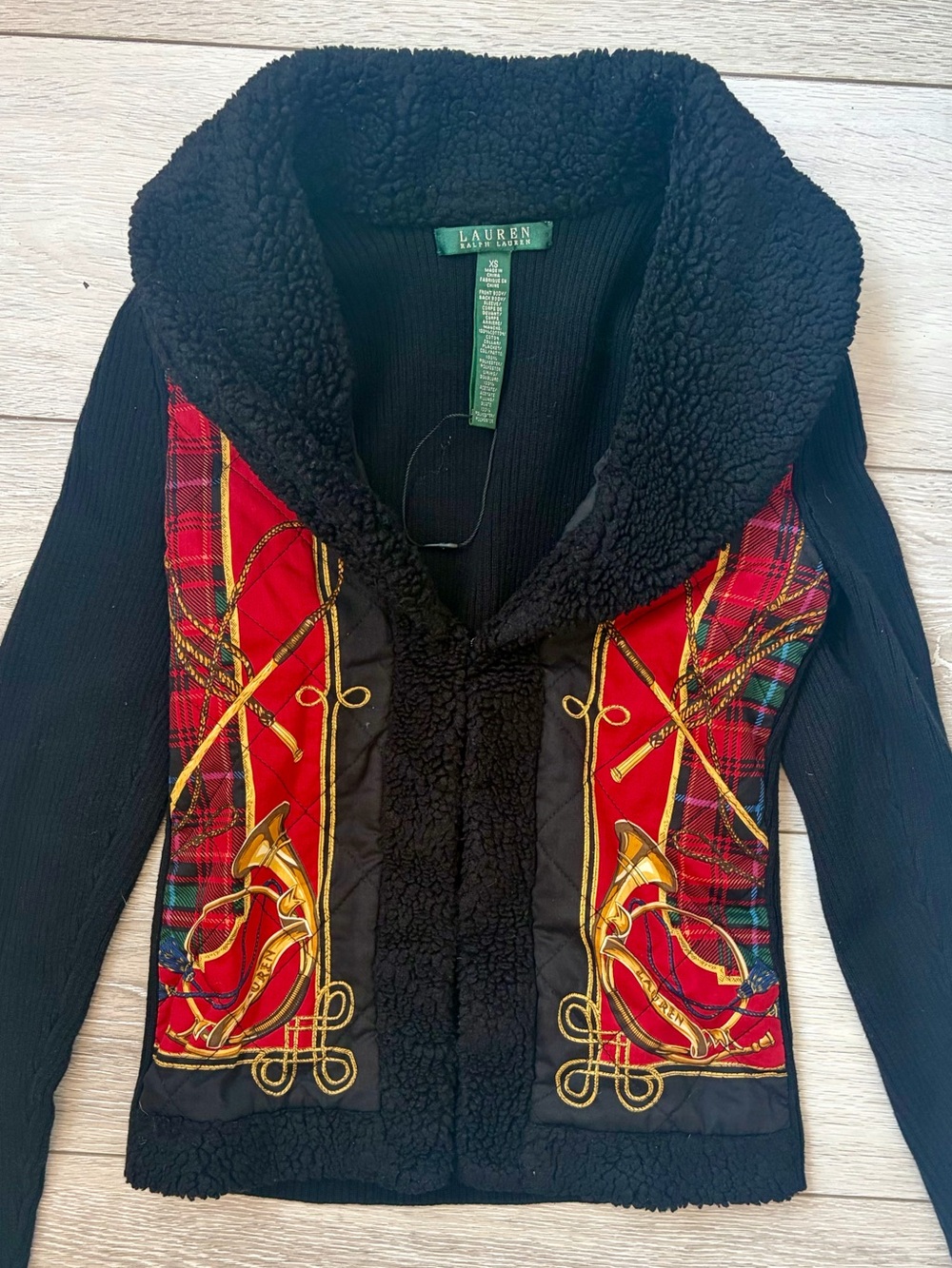 Lauren Ralph Lauren Black Ribbed Knit Cardigan with Plush Collar